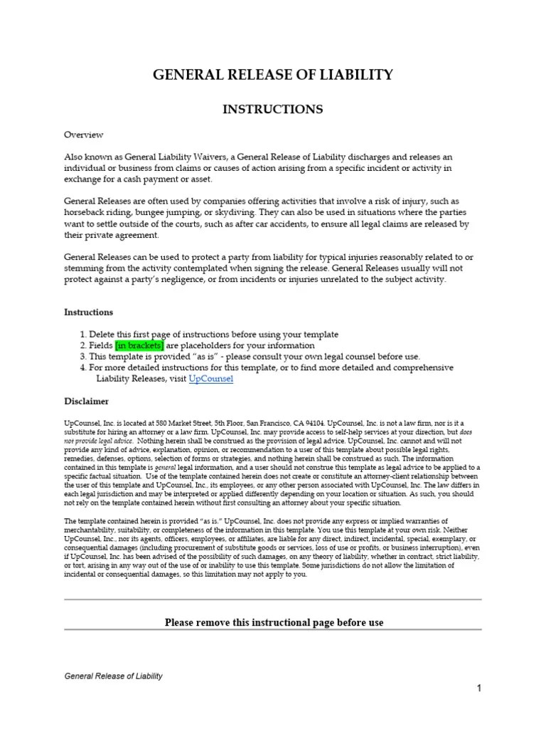 General Release of Liability PDF Legal Liability Damages