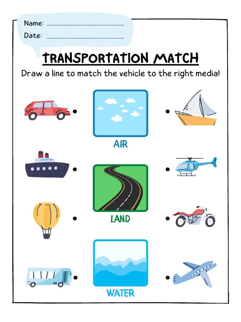 Matching Transportation Worksheet PDF