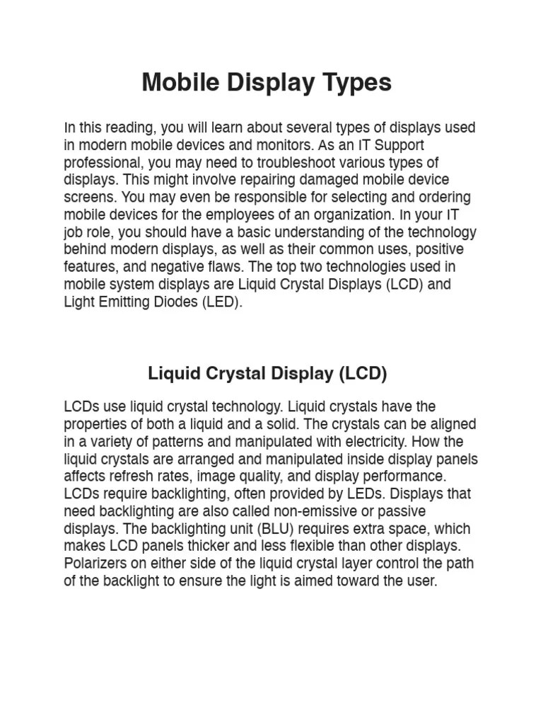 Mobile Display Types PDF Liquid Crystal Display Oled