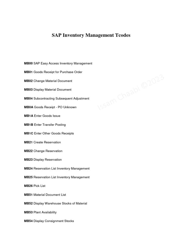 SAP Inventory Management Tcodes PDF Inventory Information Science