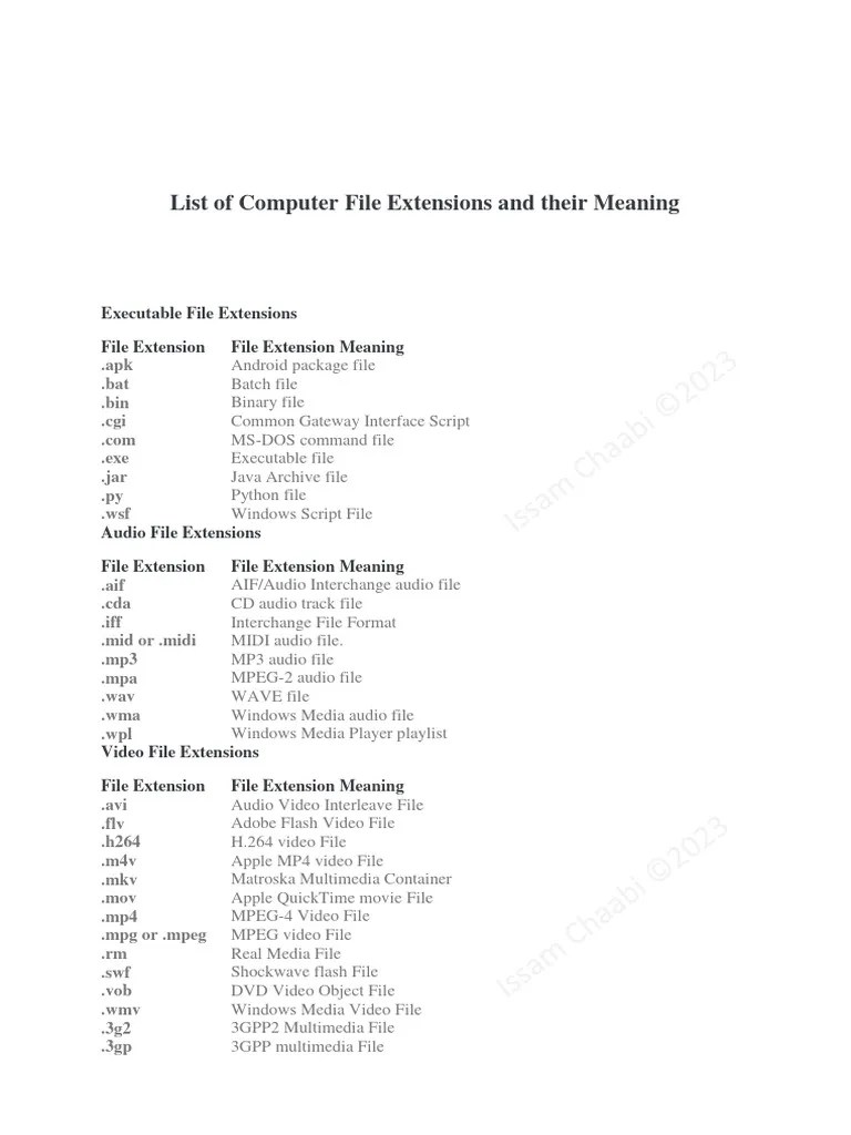 List of Computer File Extensions and their Meaning PDF Html Application Software