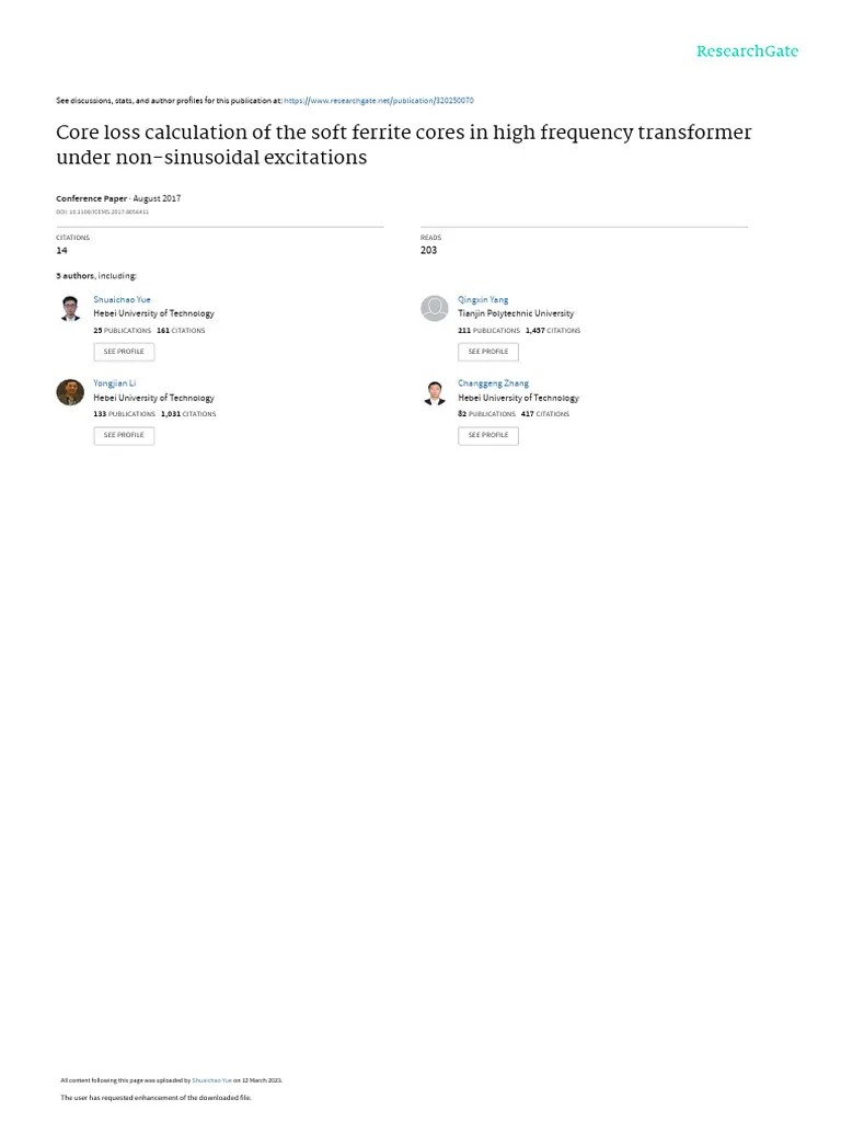 Core Loss Calculation of The Soft Ferrite Cores in High Frequency