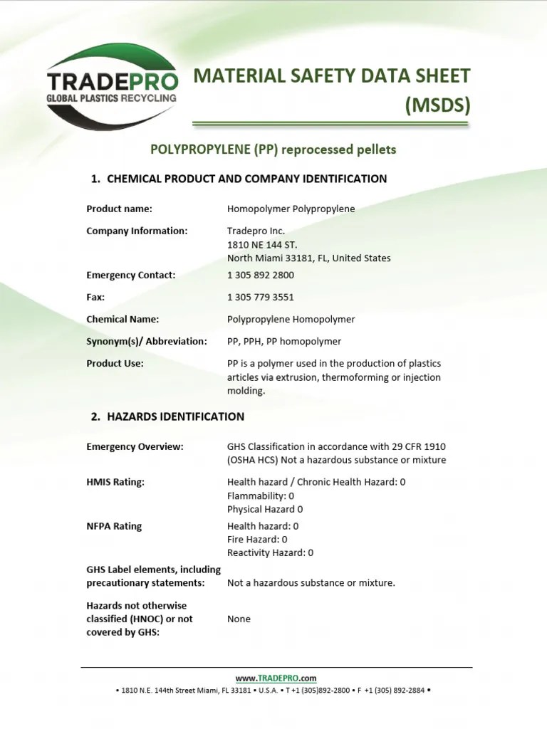 MSDS POLYPROPYLENE (PP) Reprocessed Pellets PDF Toxicity Waste