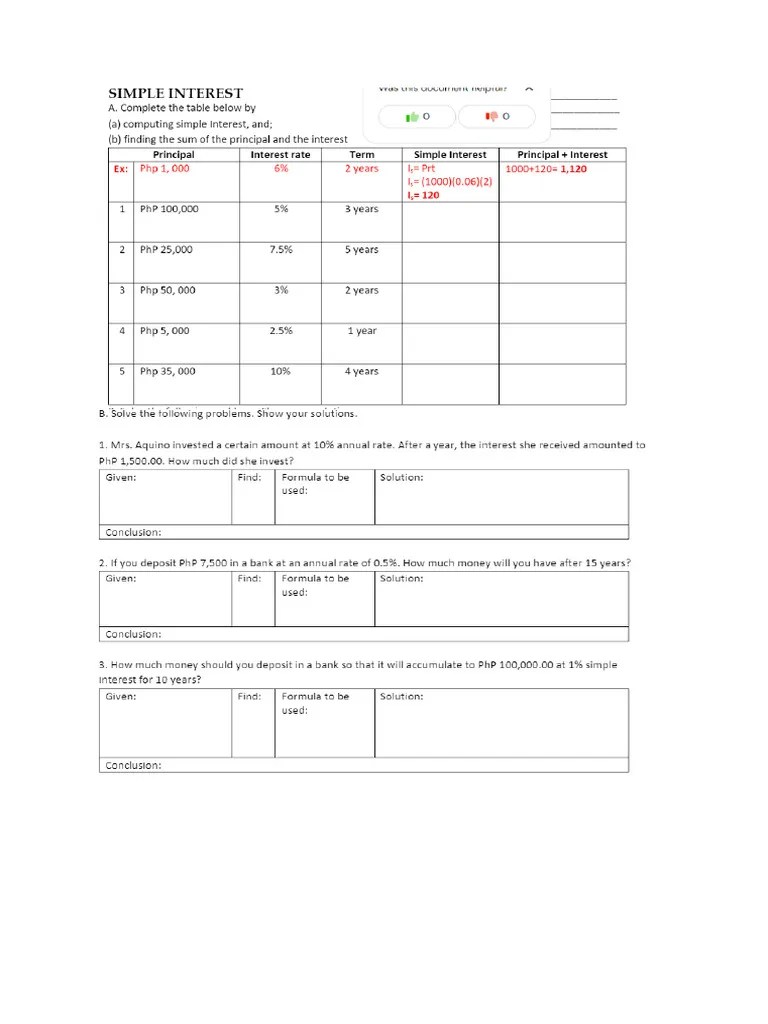 Simple Interest Worksheet PDF
