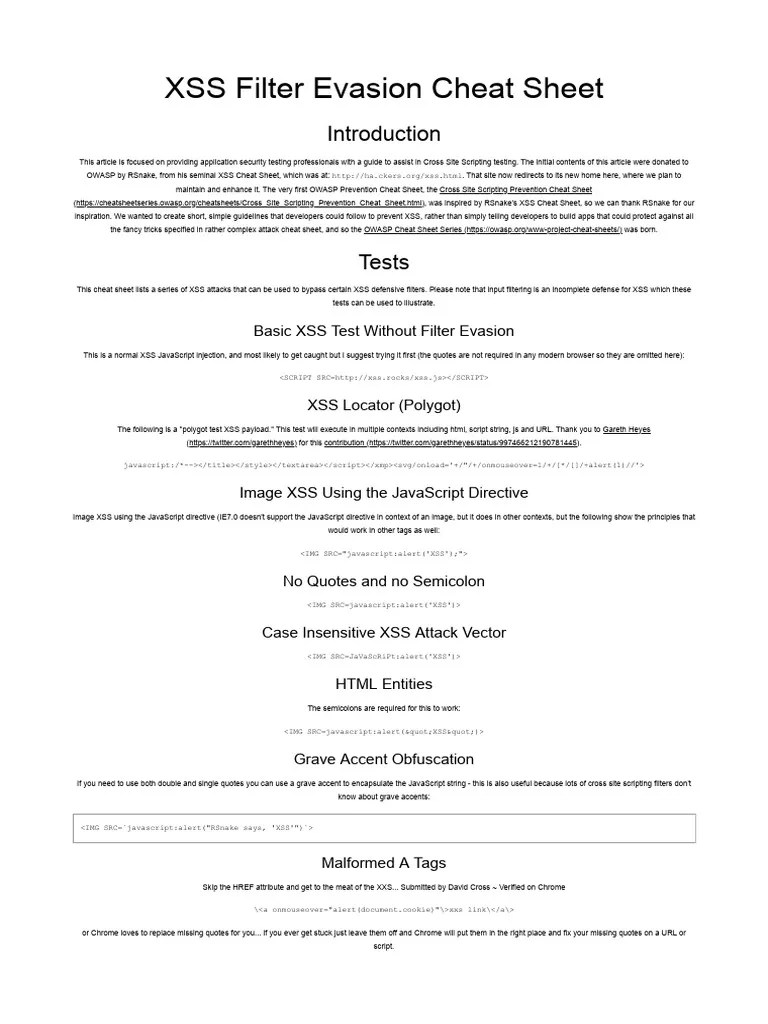 XSS Filter Evasion Cheat Sheet PDF Html Element Java Script