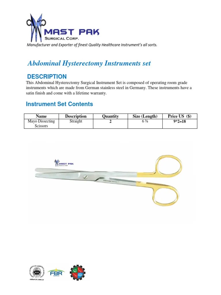 Abdominal Hysterectomy Instruments Set PDF Medical Equipment Surgery