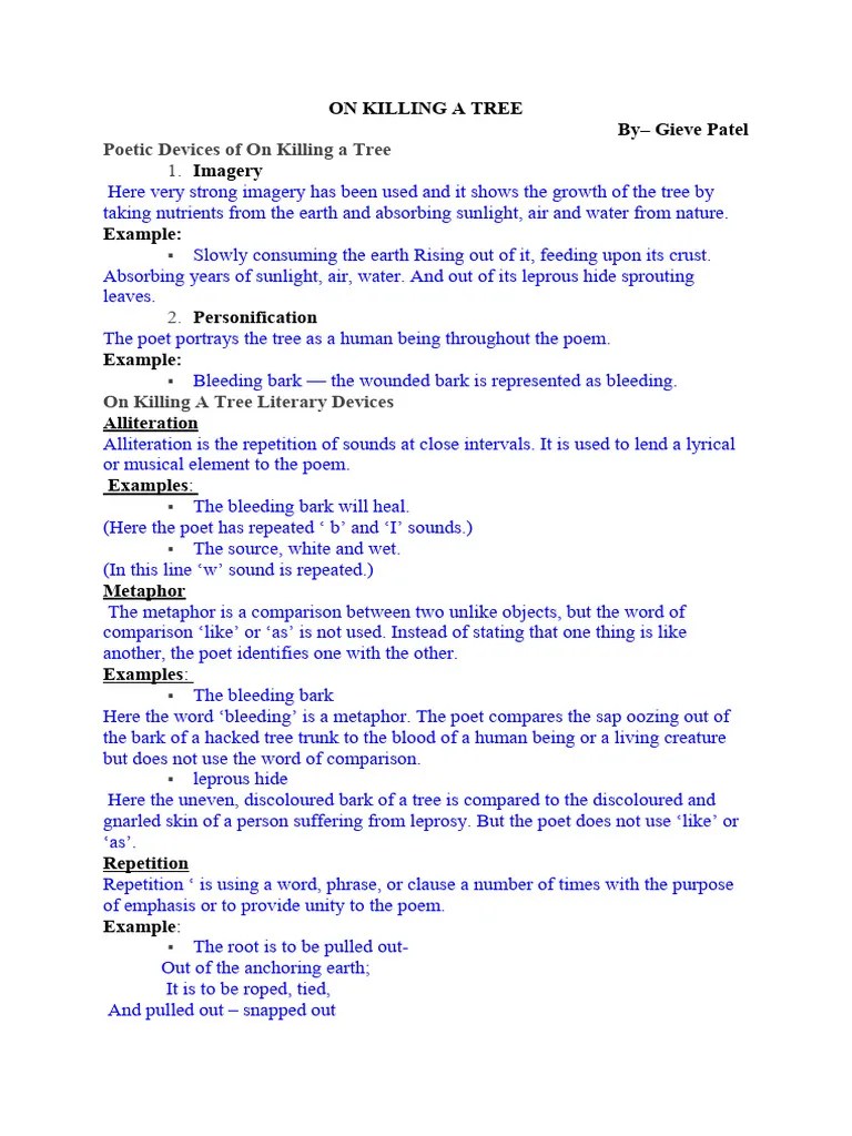 Poetic Devices On Killing A Tree Download Free PDF Poetry