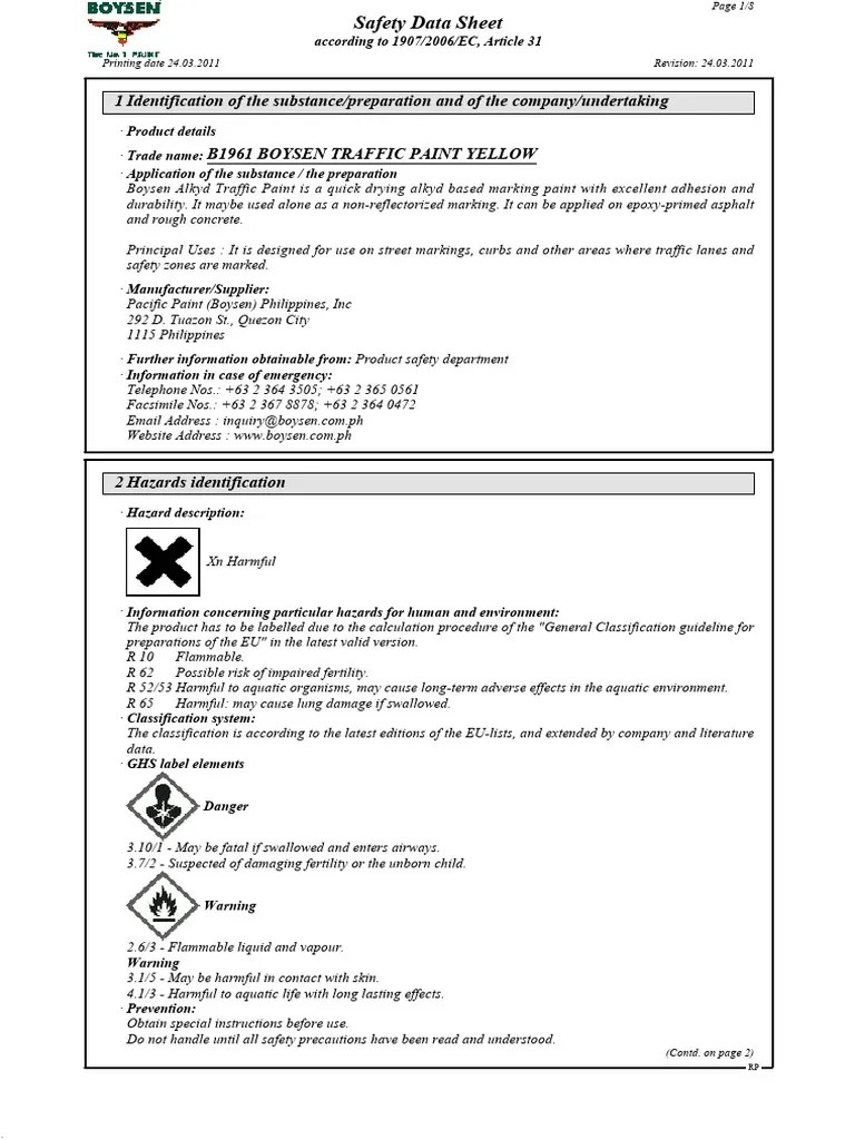 B1961 Boysen Traffic Paint Yellow MSDS Download Free PDF Dangerous
