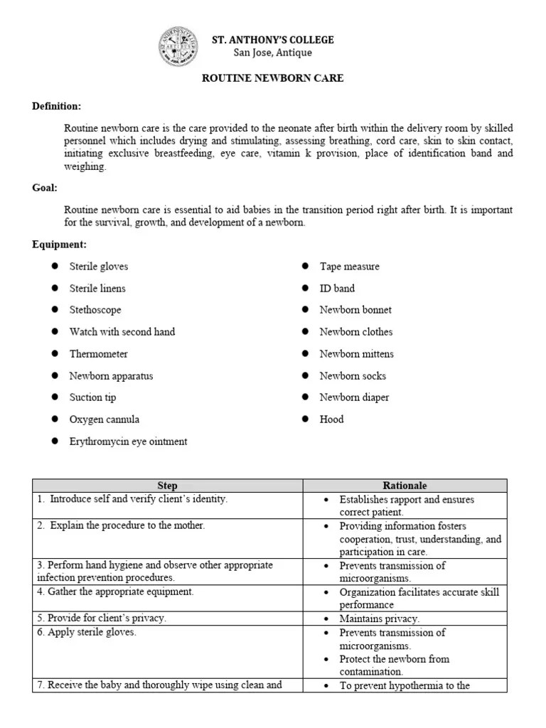 Routine Newborn Care Checklist NCM107 PDF Infants Medicine