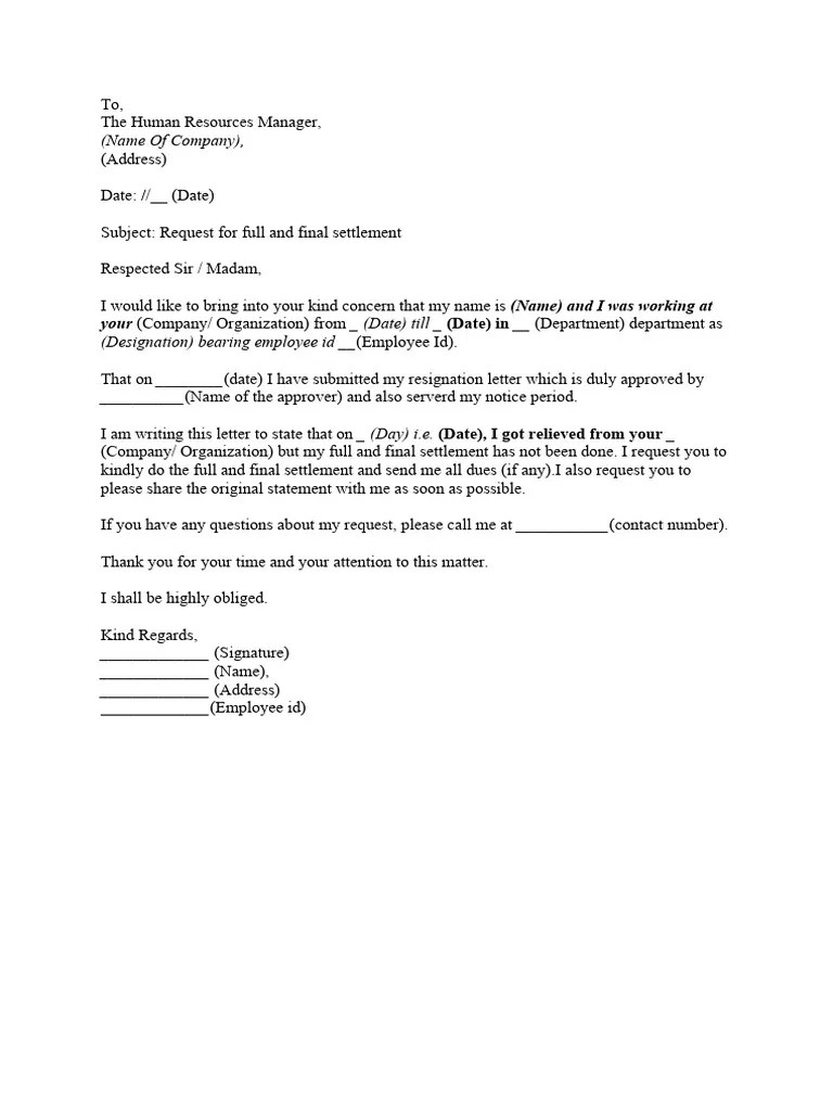 Full and Final Settlement Request Letter PDF Career & Growth