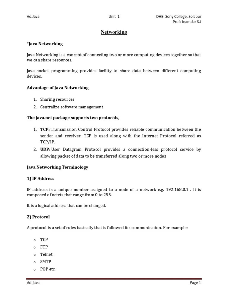 Chapter 1 Java Networking PDF Computer Network Port