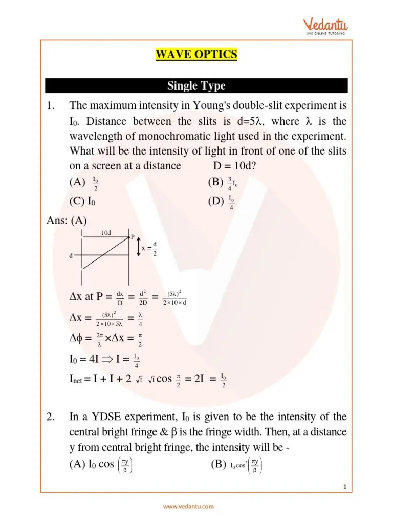 Jee Advanced Wave Optics Important Questions PDF Wavelength
