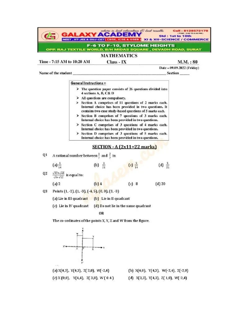 Class 9 Maths Question Paper PDF