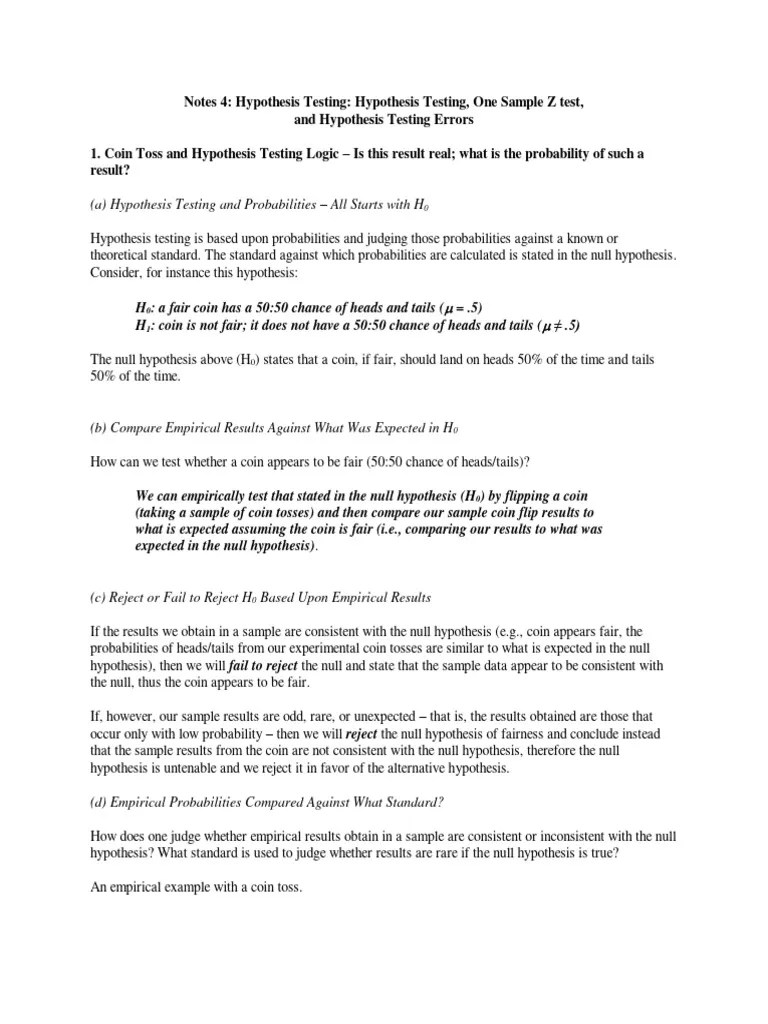 Edur 8131 Notes 4 (Revised) Hypothesis Testing and One Sample Z Test