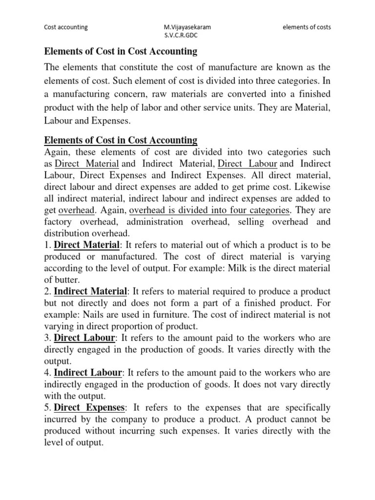 Elements of Cost in Cost Accounting PDF Cost Cost Accounting