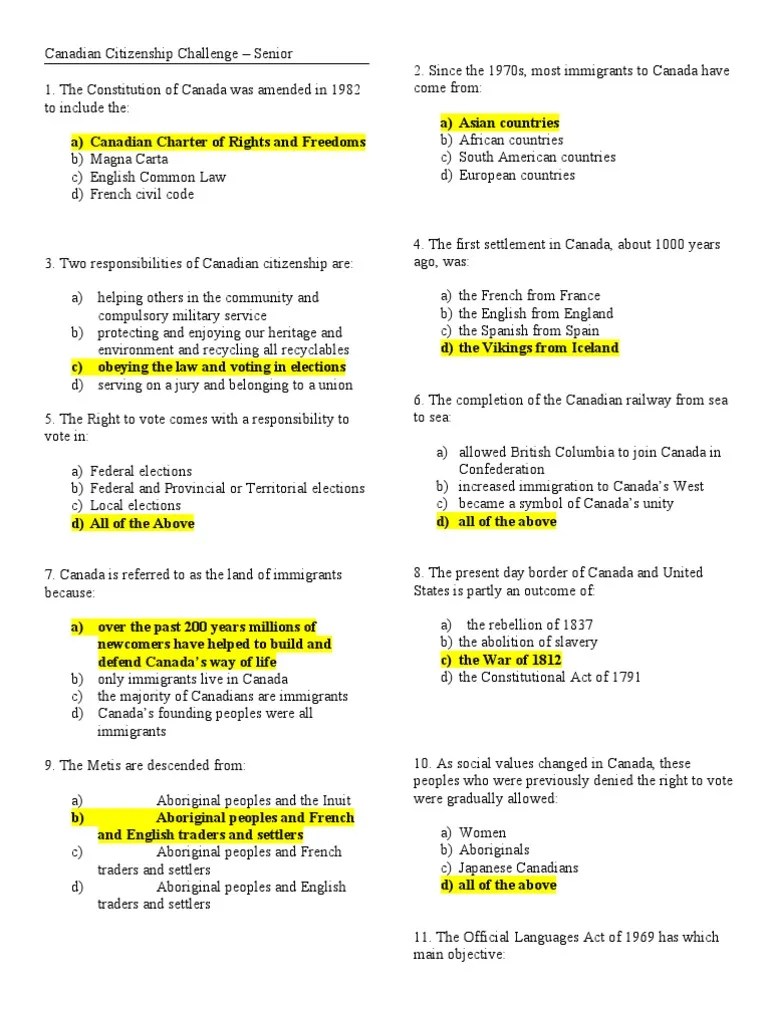 Answers to Senior Quiz Canada Constitutional Law