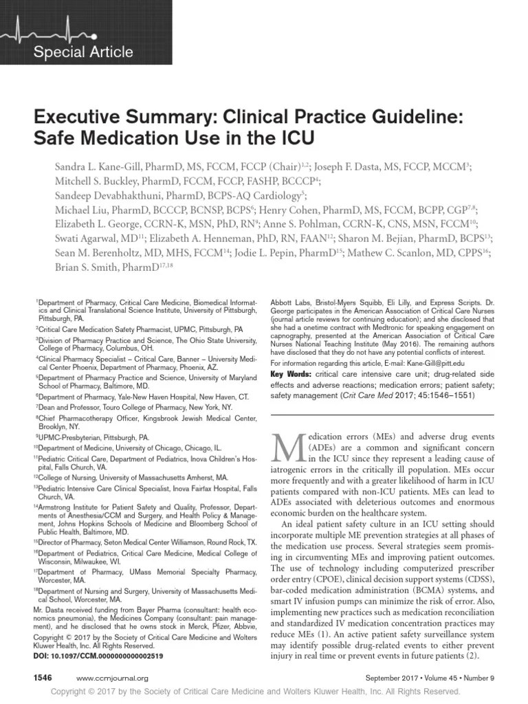 SCCM Clinical Practice Guideline Safe Medication Use in ICU PDF