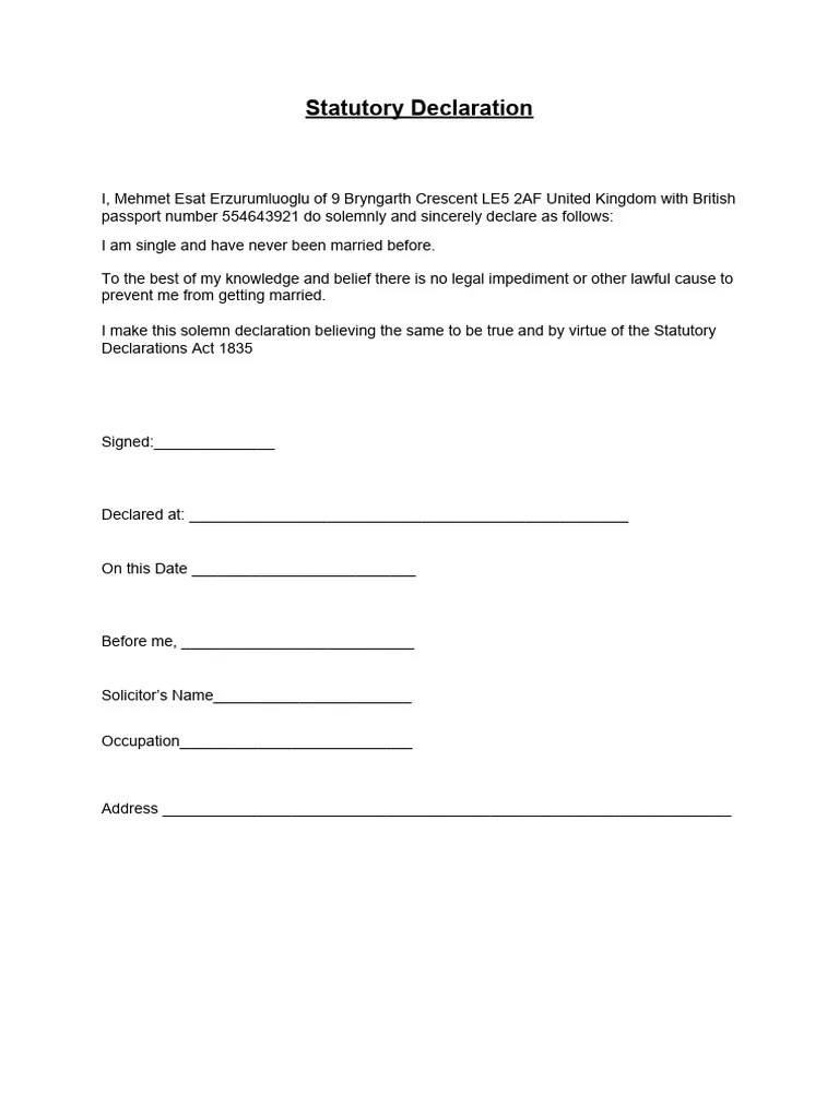 Sample Statutory Declaration Marriage PDF