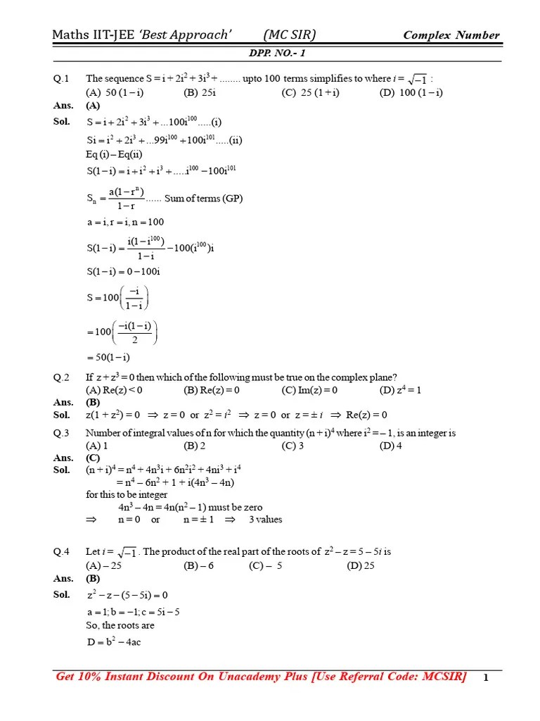 Complex Number Sheet Solutions PDF Complex Number Numbers