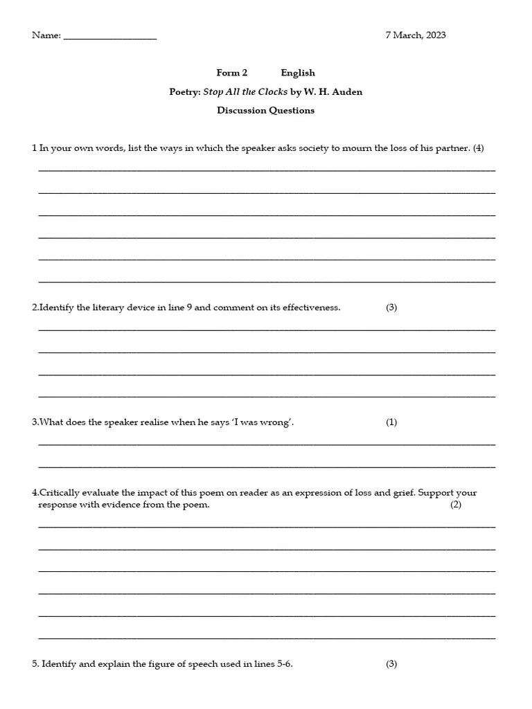Stop All The Clocks Discussion Questions PDF Poetry Writing