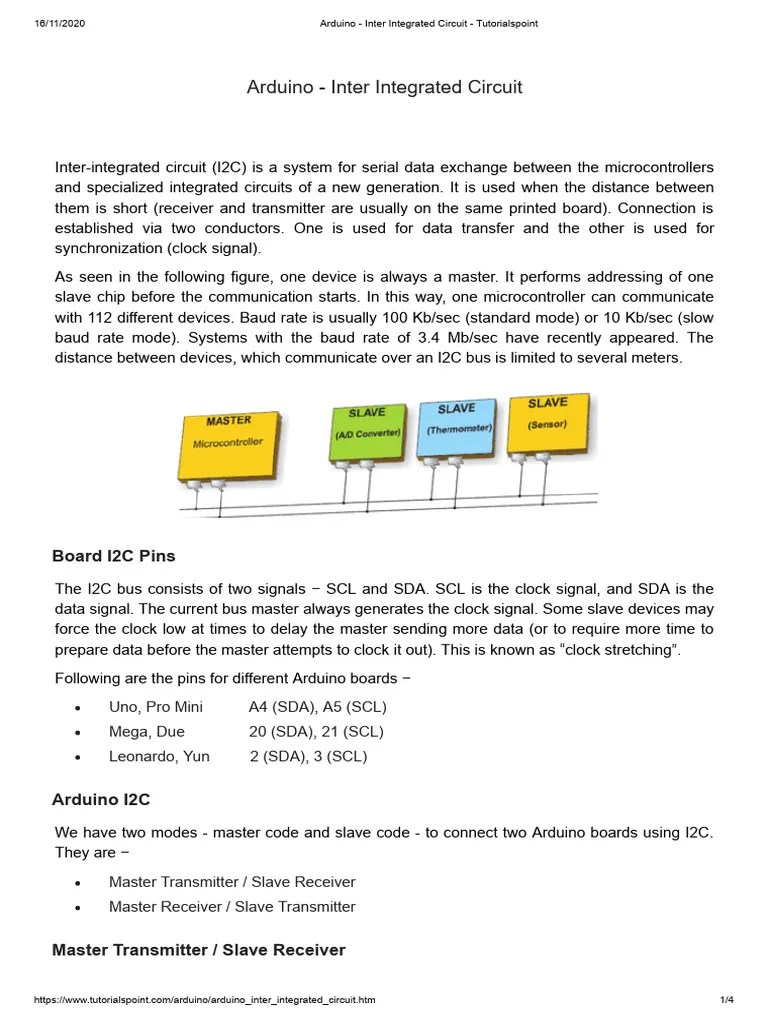 Arduino Inter Integrated Circuit Tutorialspoint PDF Computer Networking Electrical