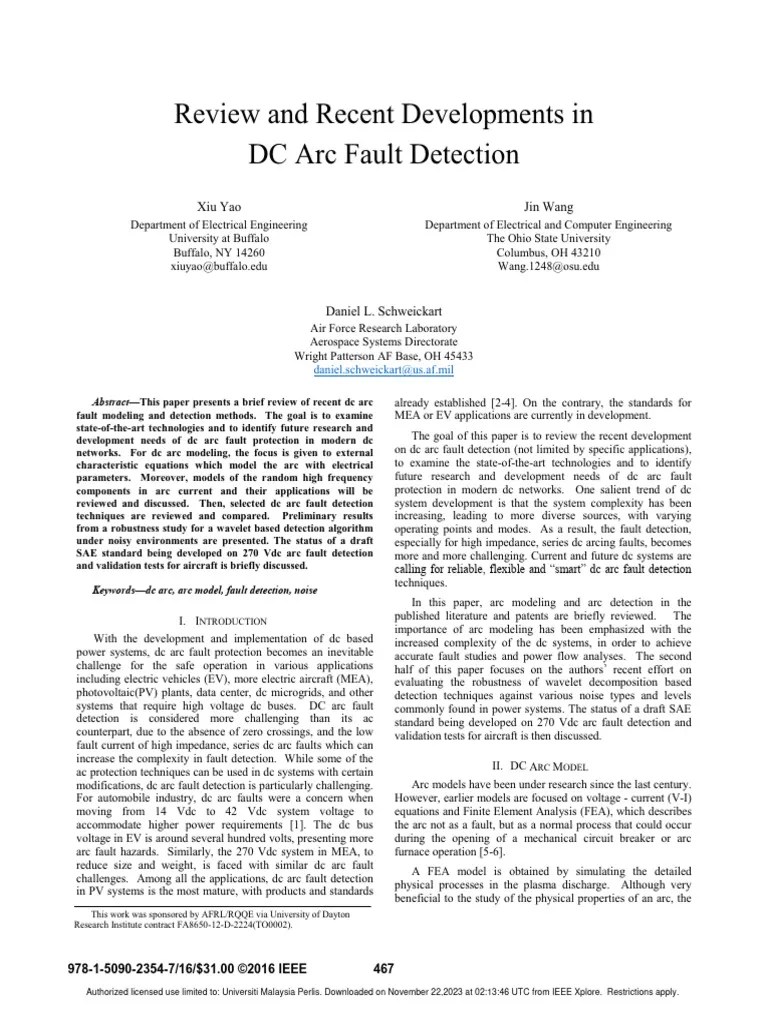 Review and Recent Developments in DC Arc Fault Detection PDF