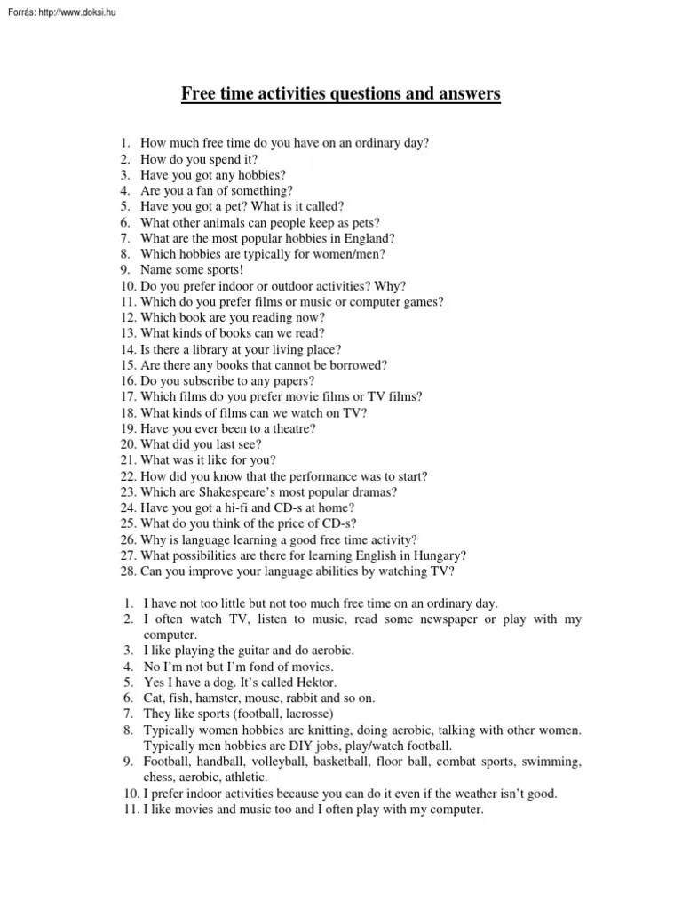 Free Time Activities Questions and Answers PDF