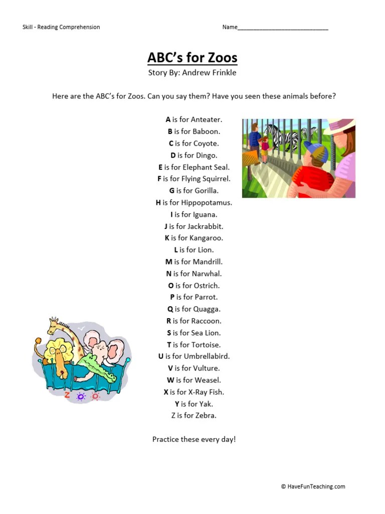 ABCs For Zoos First Grade Reading Comprehension Worksheet PDF