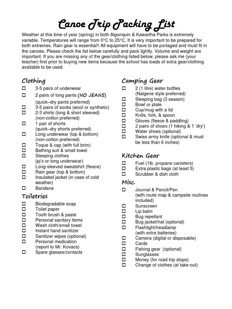 Canoe Trip Packing List PDF Clothing Consumer Goods