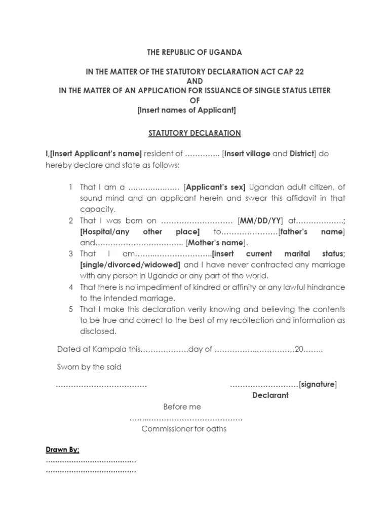 Statutory Declaration For Single Status Letters PDF Marriage Evidence