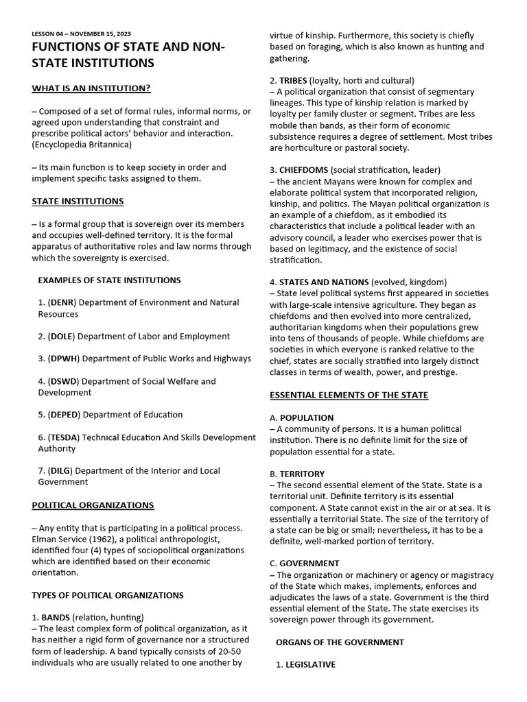 (L04) Functions of State and NonState Institutions PDF State