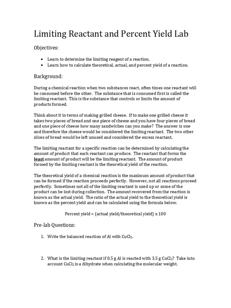 Limiting Reactant and Percent Yield Lab PDF Chemistry Industrial