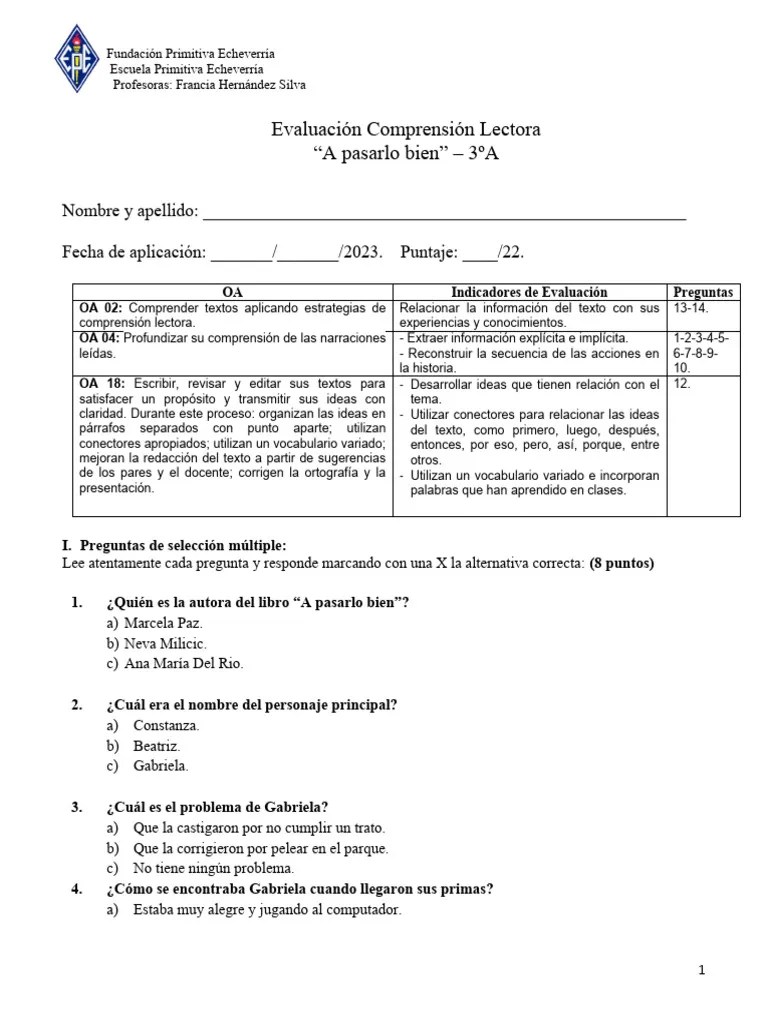EvaluaciÃ N Lenguaje Libro A Pasarlo Bien. PDF Comprensión lectora