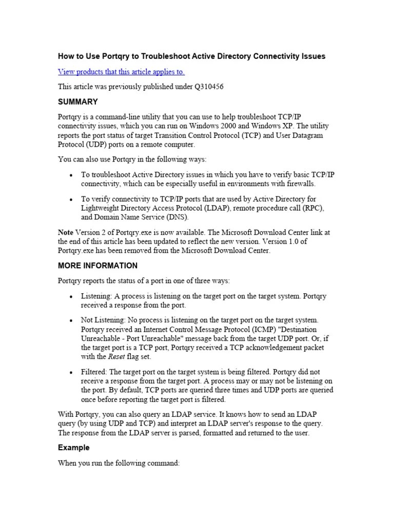 How To Use Portqry To Troubleshoot Active Directory Download Free PDF