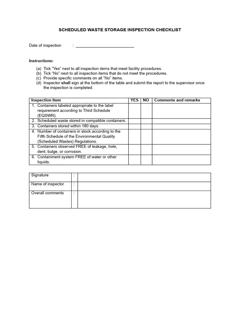 Scheduled Waste Storage Inspection Checklist Form PDF