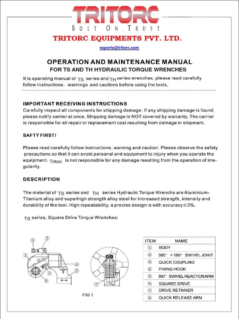 Hydraulic Torque Wrench Operation Manual | PDF | Equipment | Machines