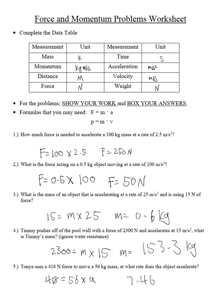 October Week Force and Momentum Problems Worksheet PDF Force Momentum