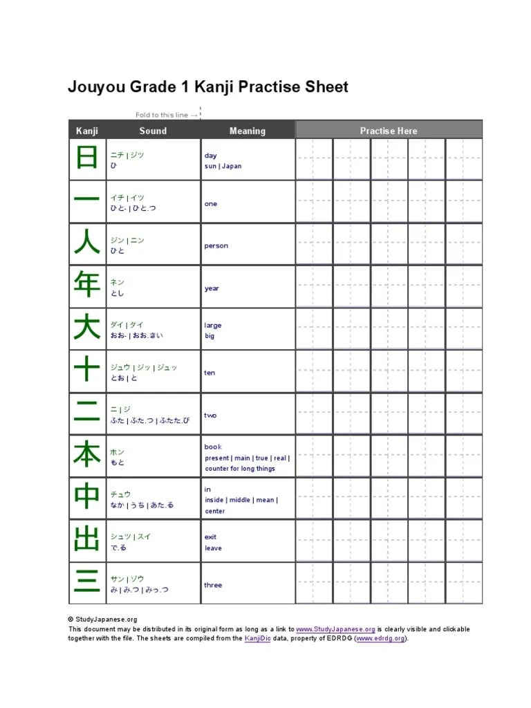 Jouyou Kanji Grade 1 Practice Sheet