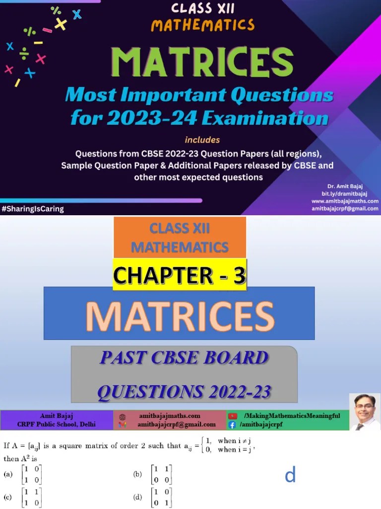 Class XII MATRICES Most Important Questions For 202324 Examination (Dr