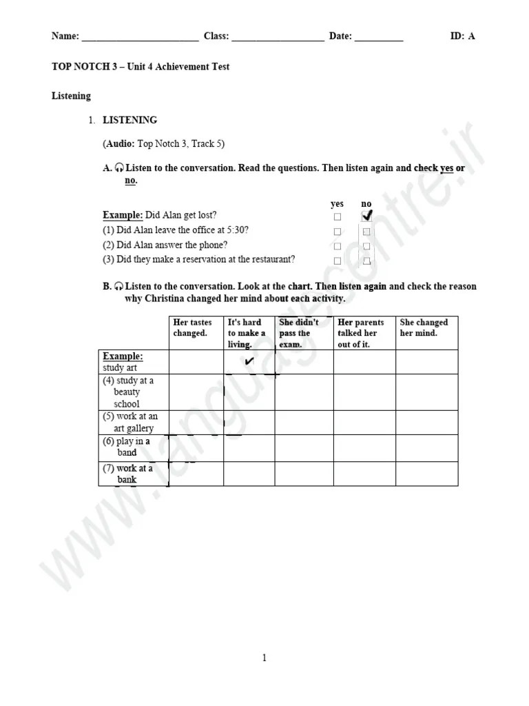 Top Notch 3a Unit 4 Test PDF