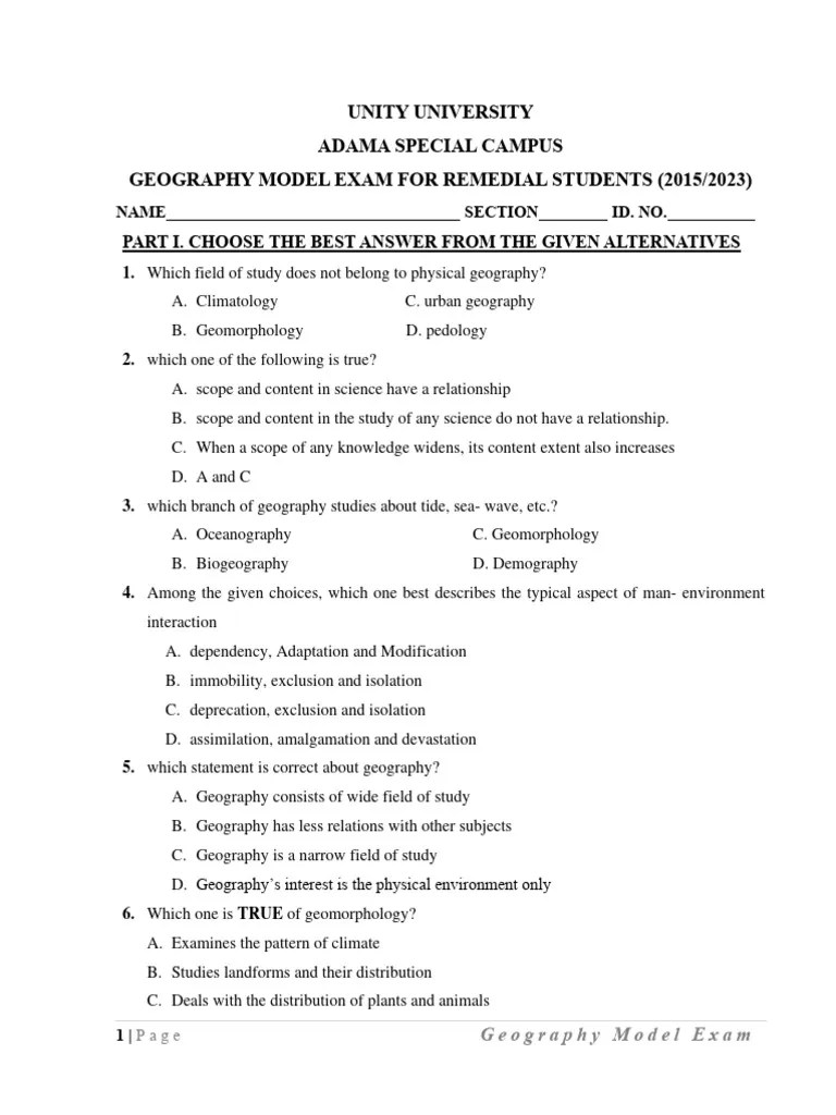 Remedial Geography Model Exam1 PDF Geography Nature