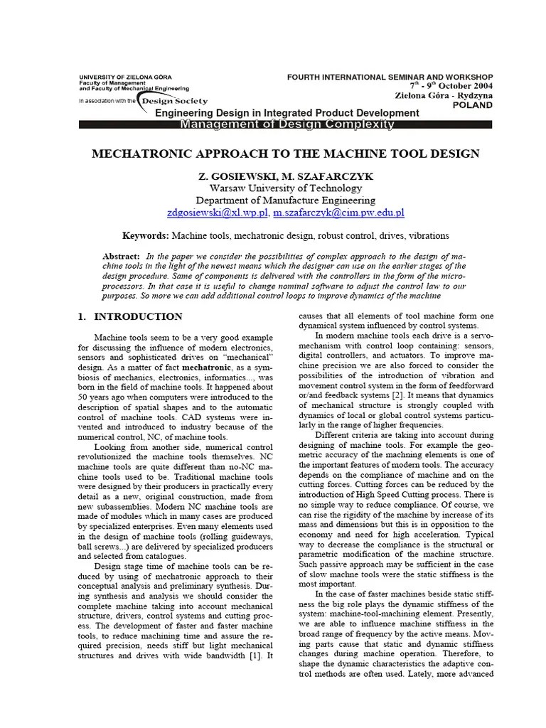 Mechatronic Approach To The Machine Tool Design PDF Control Theory Machines