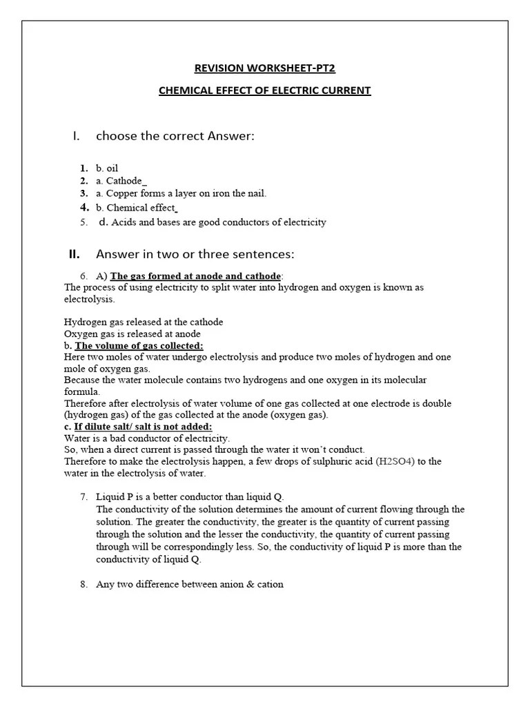 answer key of previous worksheet on chemical effects of electric current (grade 8 cbse) PDF