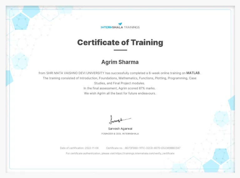 MATLAB Training Certificate of Completion PDF