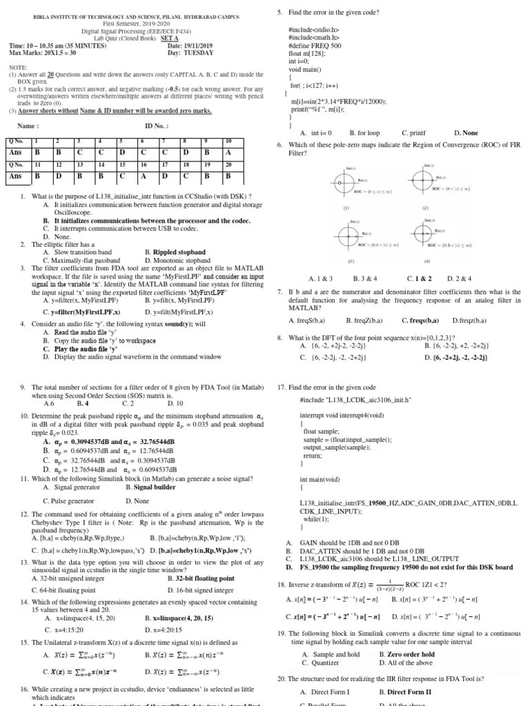 DSP Lab Quiz Exam Answer Key Seta Setb Setc Setd PDF Signal