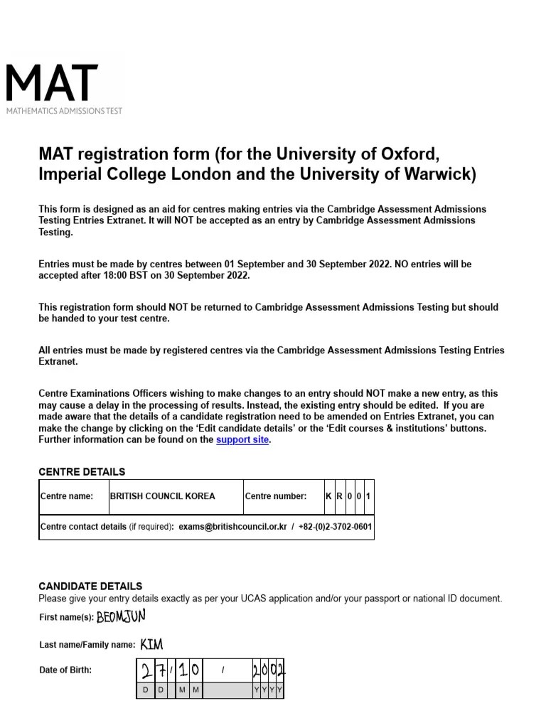 MAT 2022_candidate registration form PDF Mathematics Computer Science