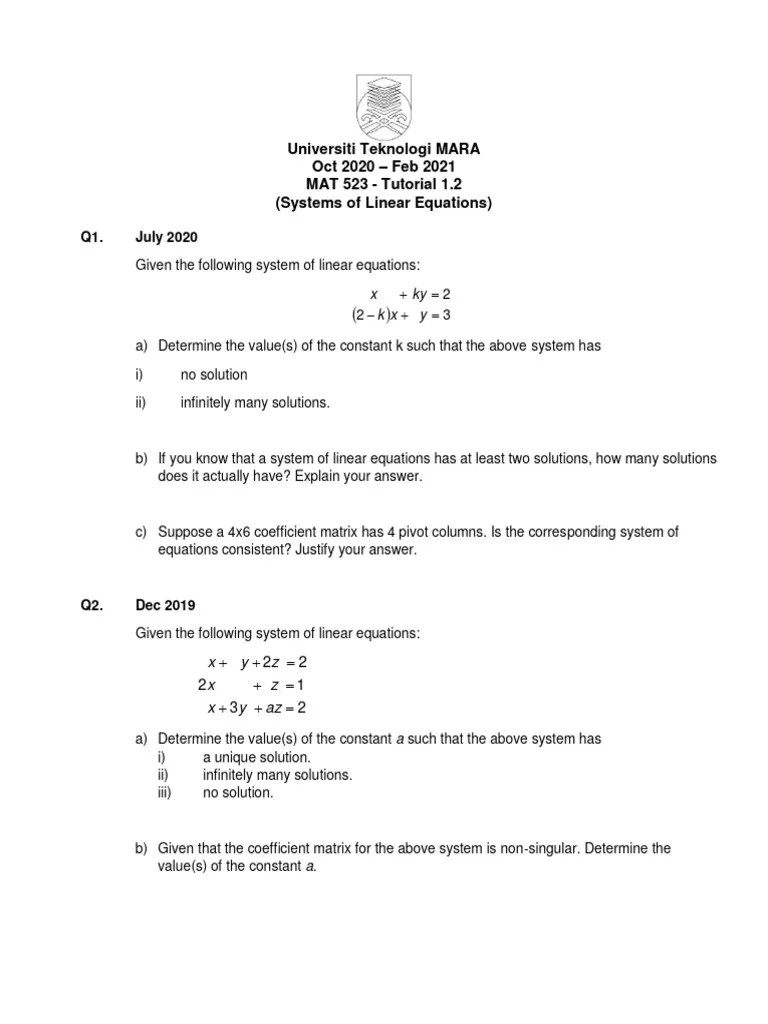 Tutorial 1.2 PDF System Of Linear Equations Numerical Analysis
