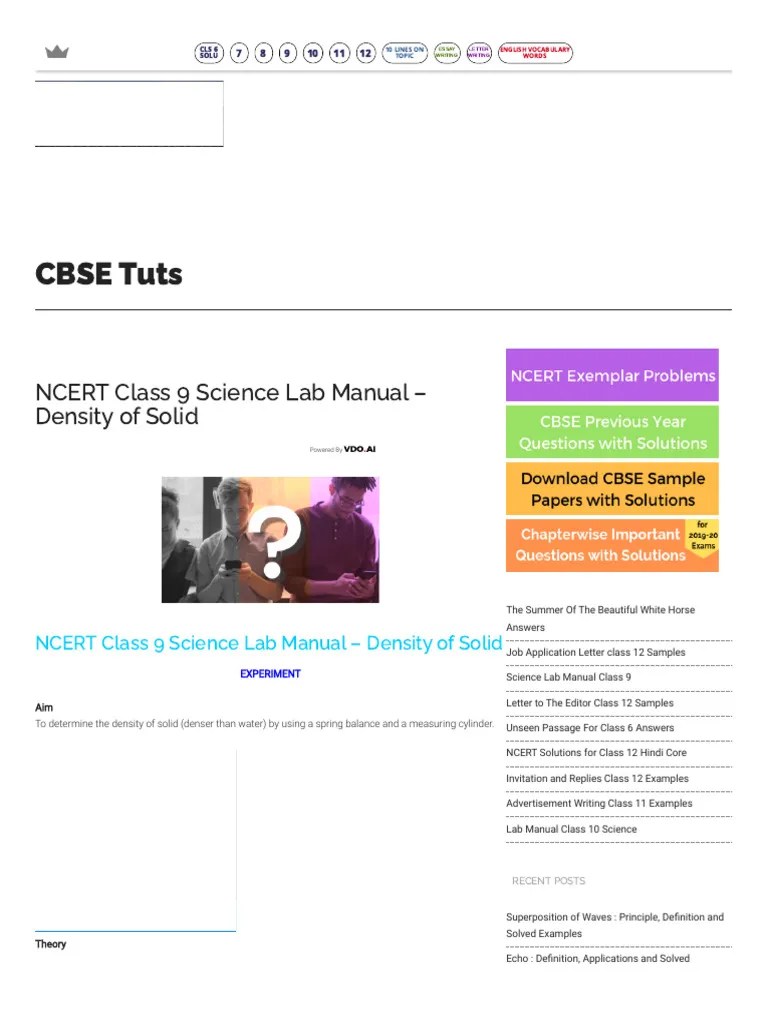 NCERT Class 9 Science Lab Manual Density of Solid CBSE Tuts Download Free PDF Density