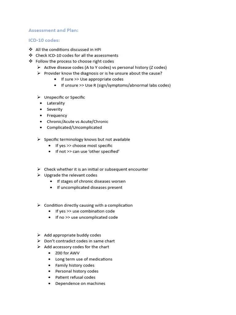 Assessment and plan icd codes notes PDF