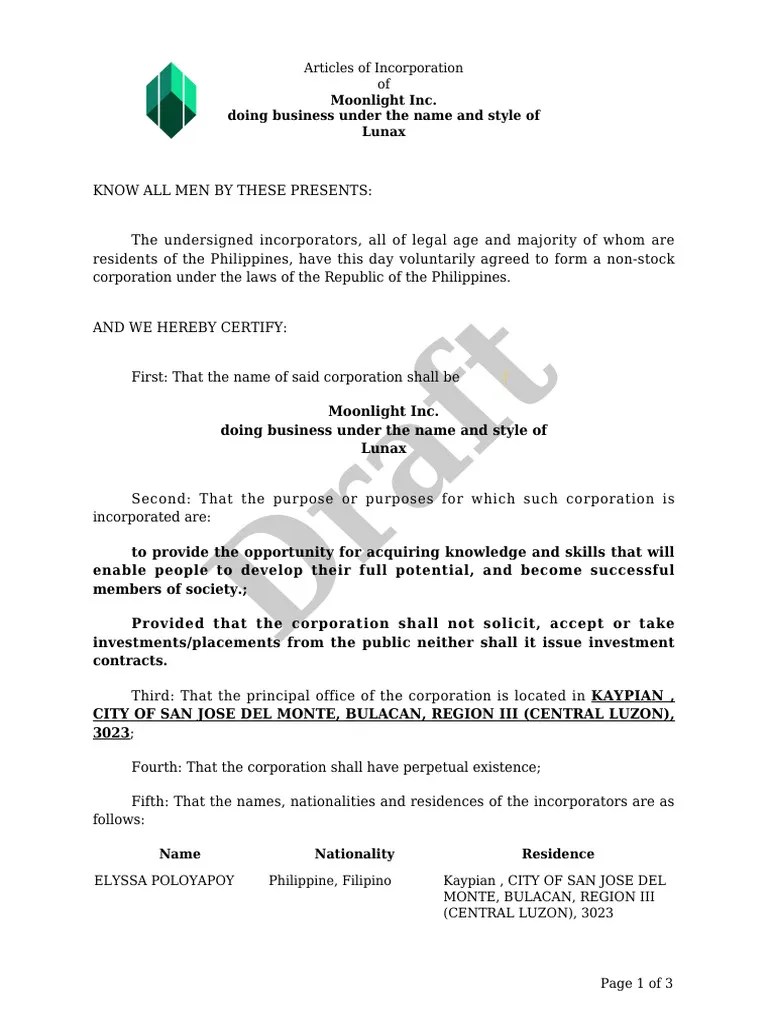 Articles of Incorporation Non Stock Corp PDF Private Law Legal